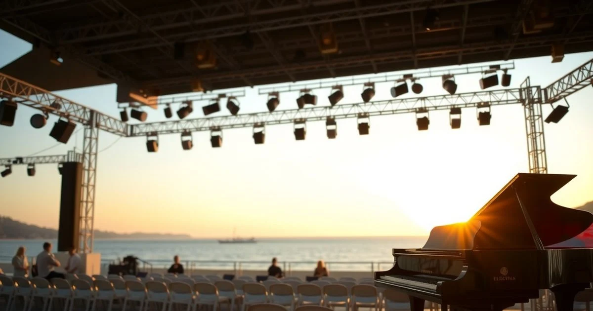 Piano de cola en un escenario vacío al atardecer junto al mar en un festival