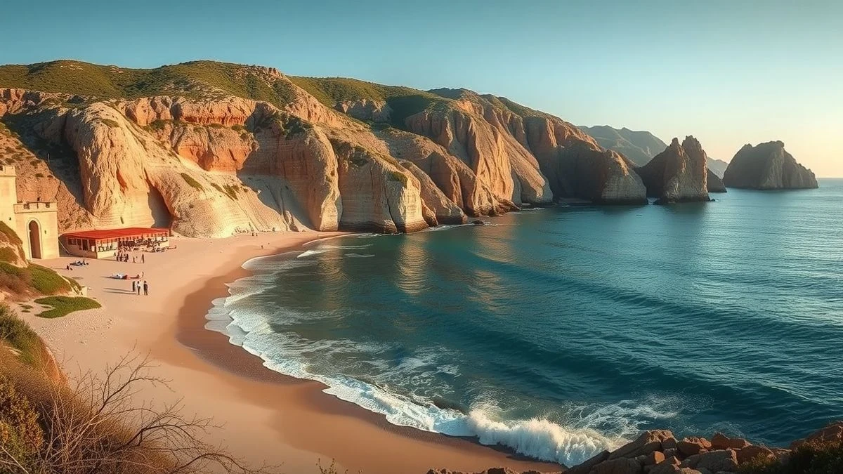 Vista panorámica de la playa de Maro con acantilados al fondo, luz dorada de atardecer
