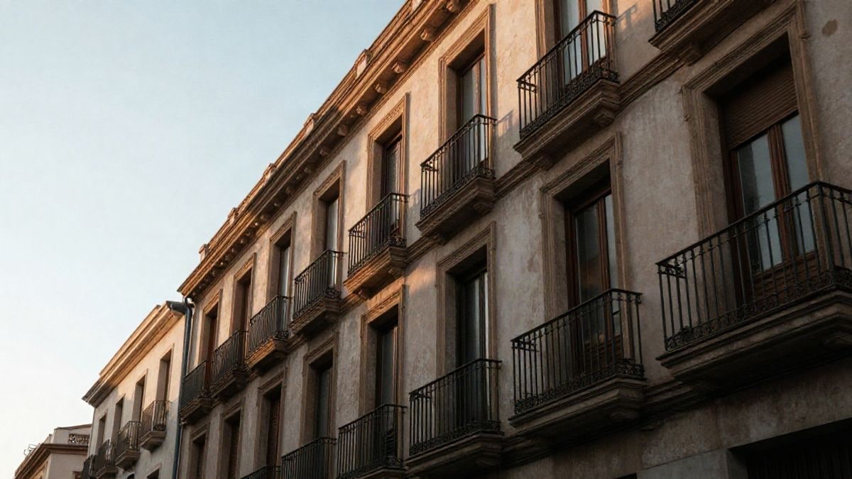 Imagen ilustrativa: fachada de un edificio residencial antiguo con ventanas y tuberías vistas desde un ángulo bajo