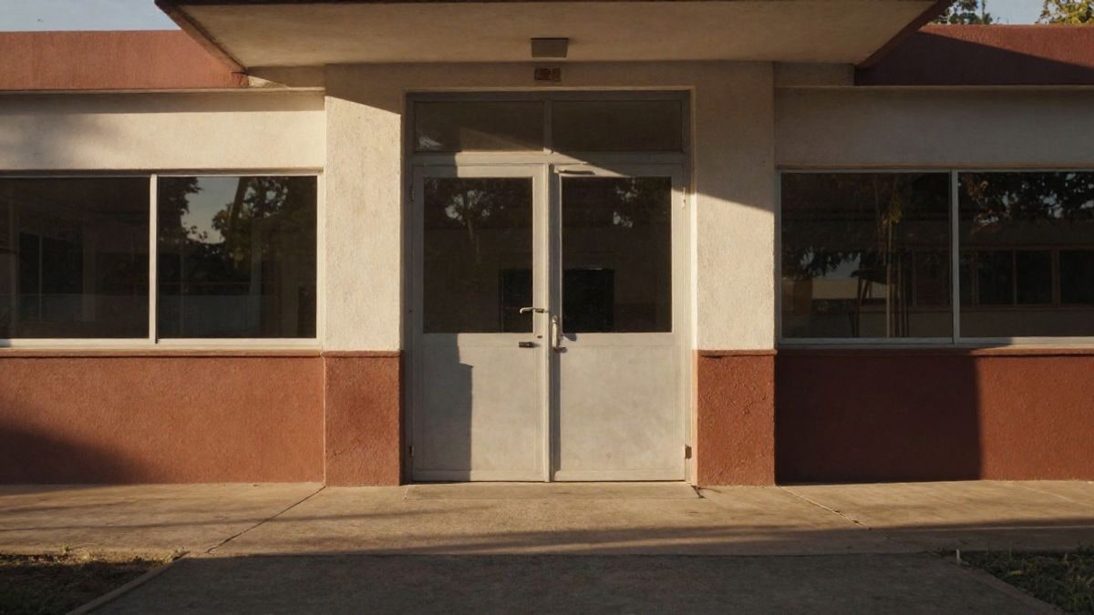 Illustrative image: low angle of a closed door of a generic institute with sky in the background