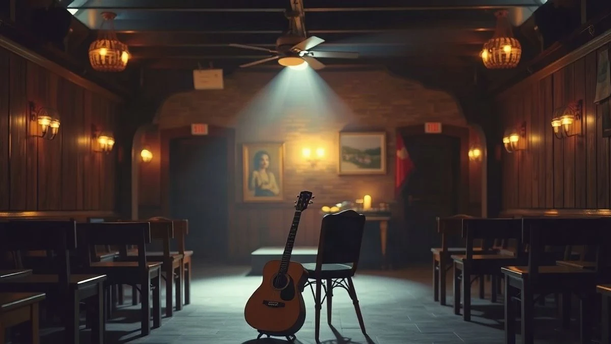 Imagen ilustrativa: interior de una peña flamenca con una guitarra sobre una silla y luz cálida.
