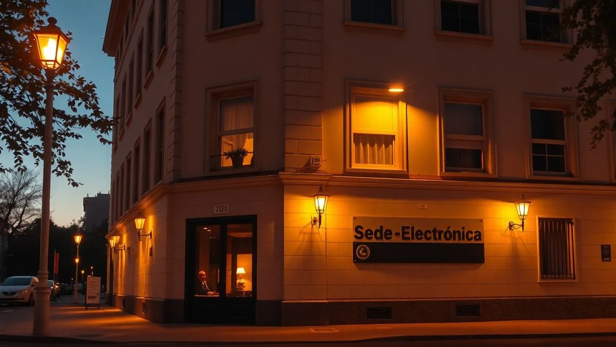 Illustrative image: facade of a municipal building lit at dusk, with streetlights on and a generic electronic headquarters sign.