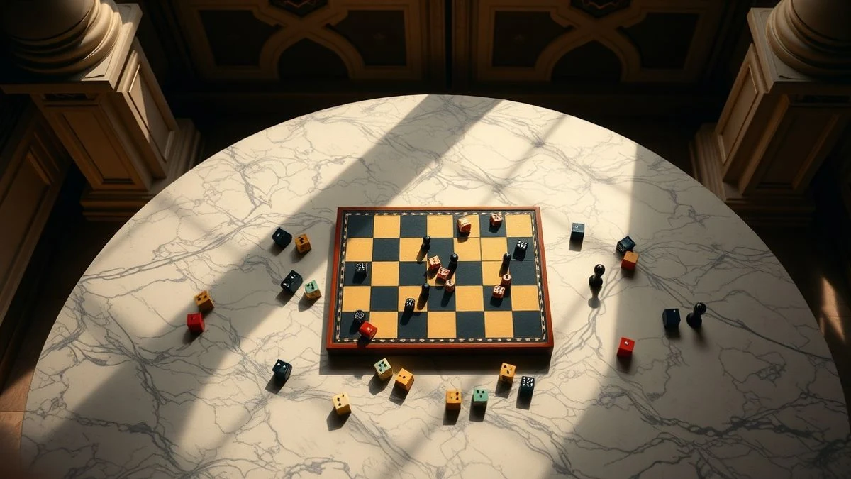 Imagen ilustrativa: un tablero de backgammon sobre una mesa de mármol, con dados y fichas, iluminado por luz natural.