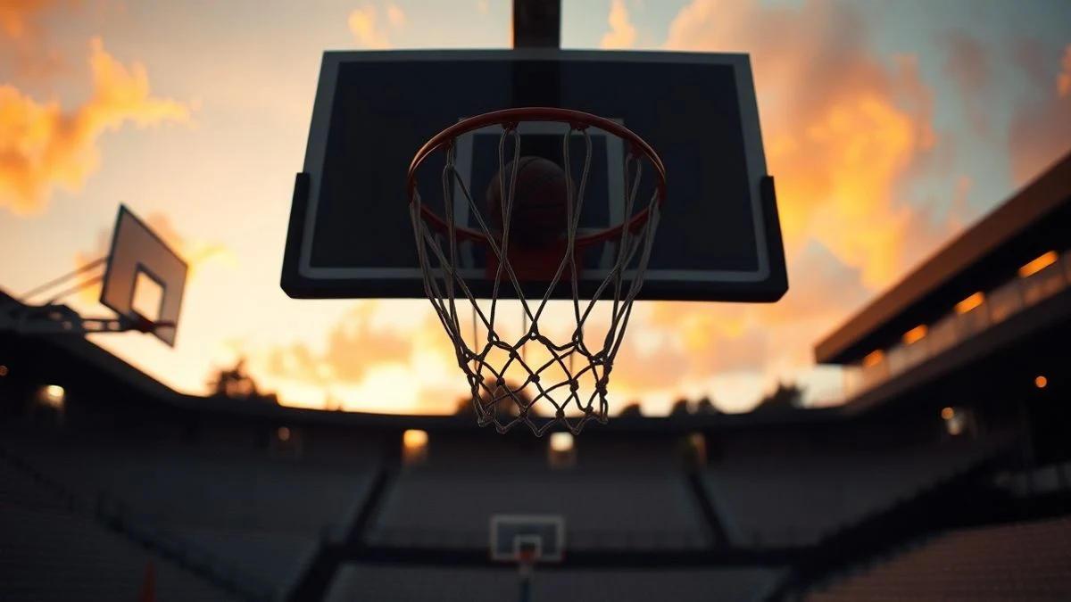 Imagen ilustrativa: una canasta de baloncesto con red a contraluz al atardecer, con la pista vacía y las gradas desenfocadas al fondo.