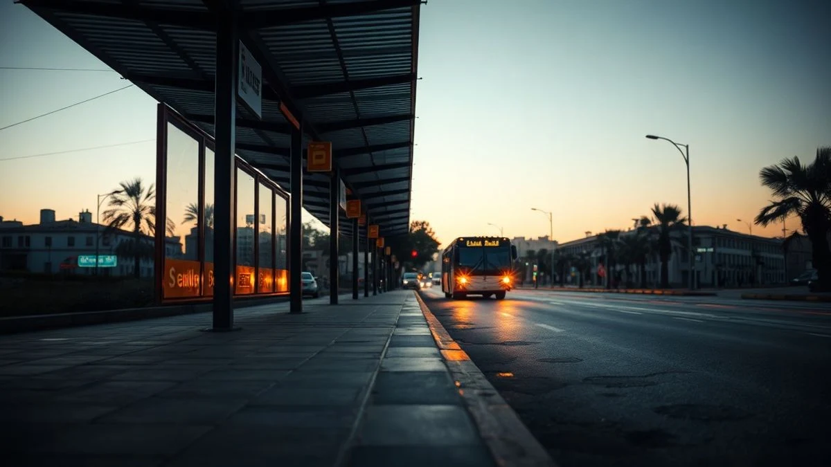 Imagen ilustrativa: una parada de autobús vacía al atardecer con un autobús acercándose a lo lejos, en un ambiente urbano español.
