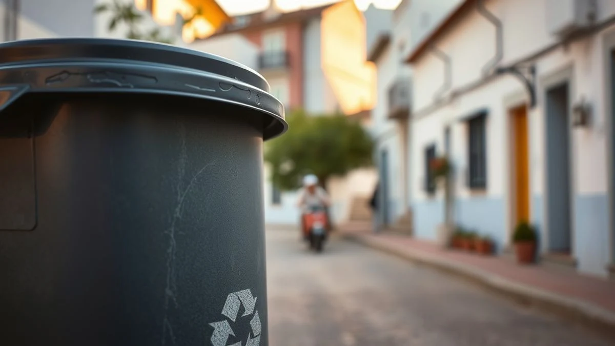 Illustrative image: a recycling bin on a street in an Andalusian village at sunset