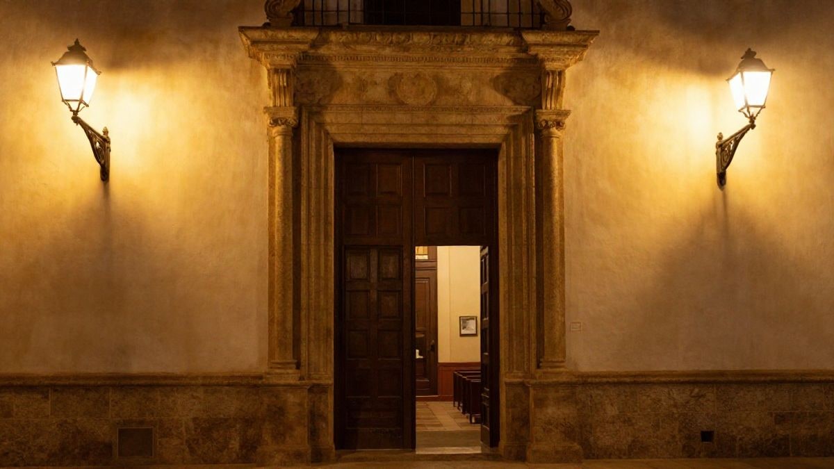 Illustrative image: entrance of a church illuminated by street lamps at night
