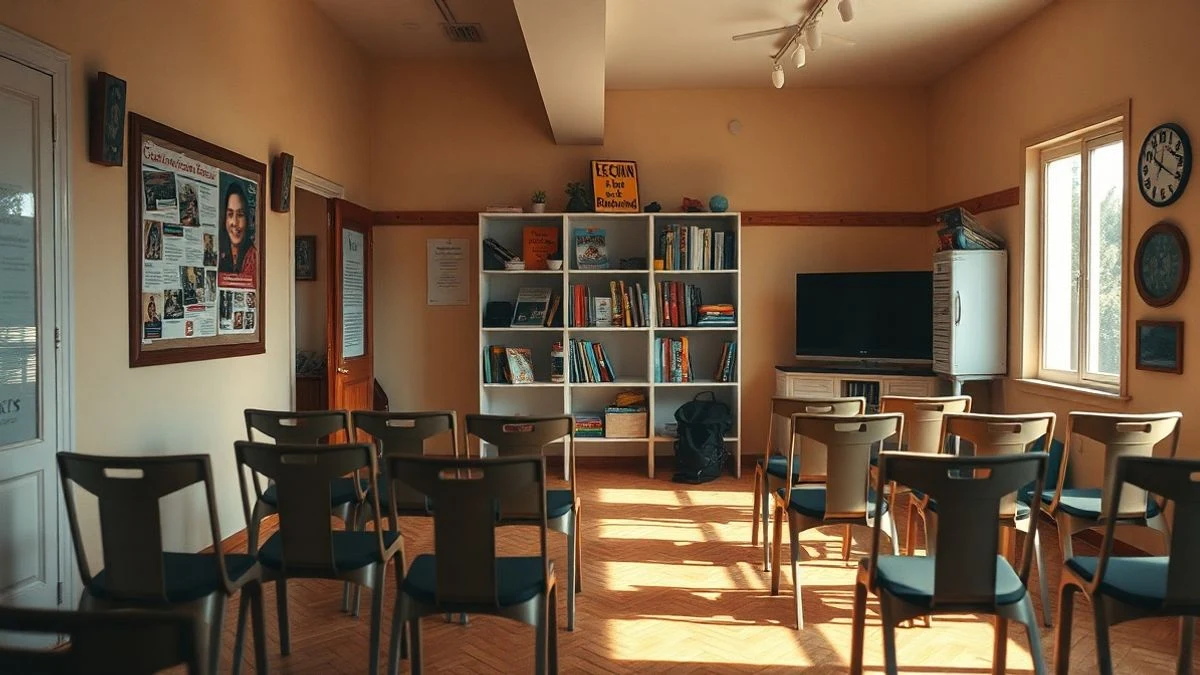 Illustrative image: meeting room of a social centre with tables and chairs, natural light and notice board