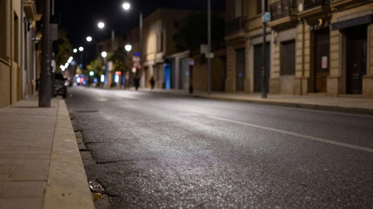 Imagen ilustrativa: calle nocturna iluminada por farolas sobre asfalto recién extendido