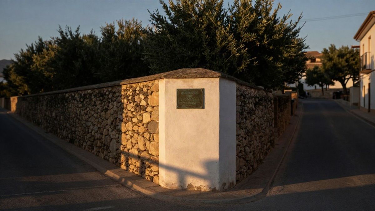 Illustrative image: two parallel streets next to a stone wall at sunset, with a bronze plaque on the wall