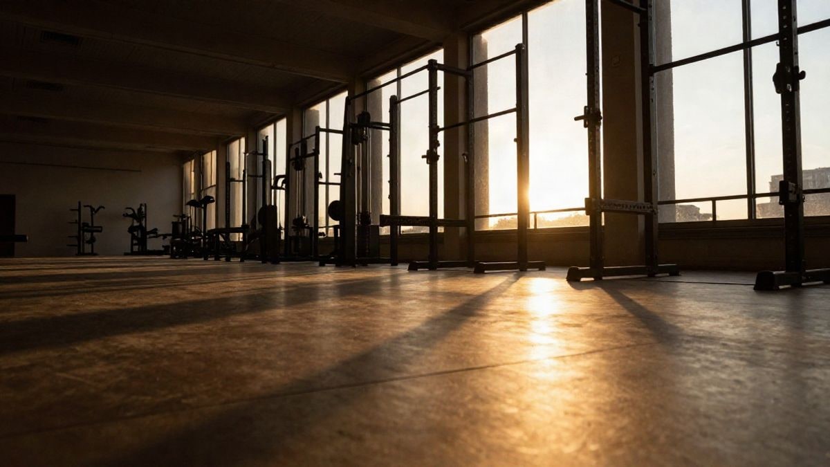 Imagen ilustrativa: interior genérico de un gimnasio municipal con máquinas y luz de atardecer