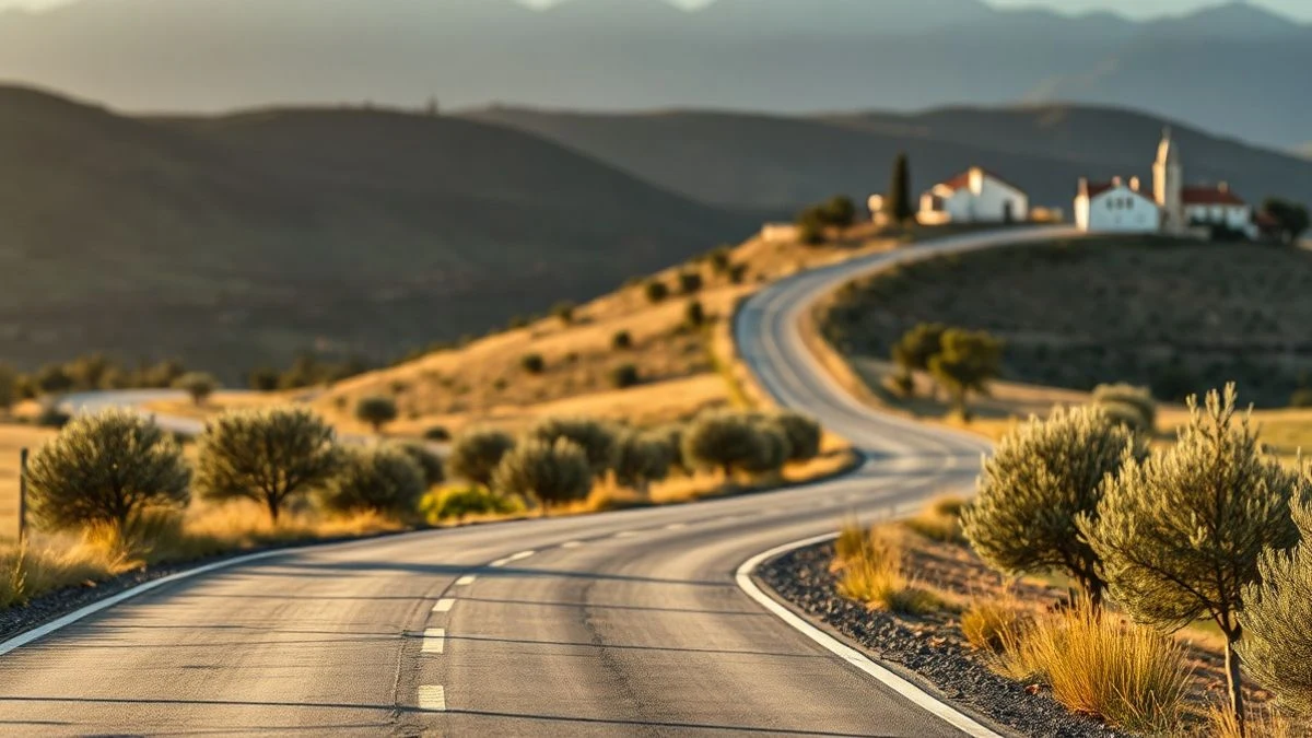 Imagen ilustrativa: carretera rural andaluza al atardecer con un autobús pequeño en la lejanía