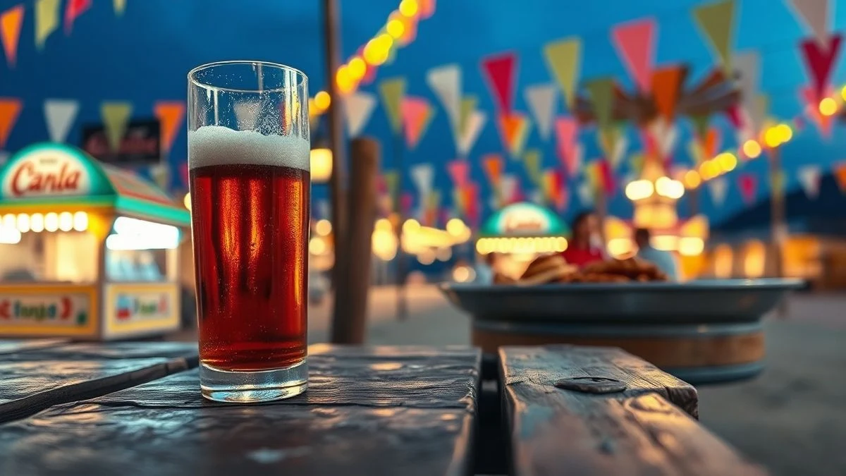 Imagen ilustrativa: detalle de una mesa de madera con una cerveza y un plato de fritura de pescado, con luces de feria al fondo desenfocadas.