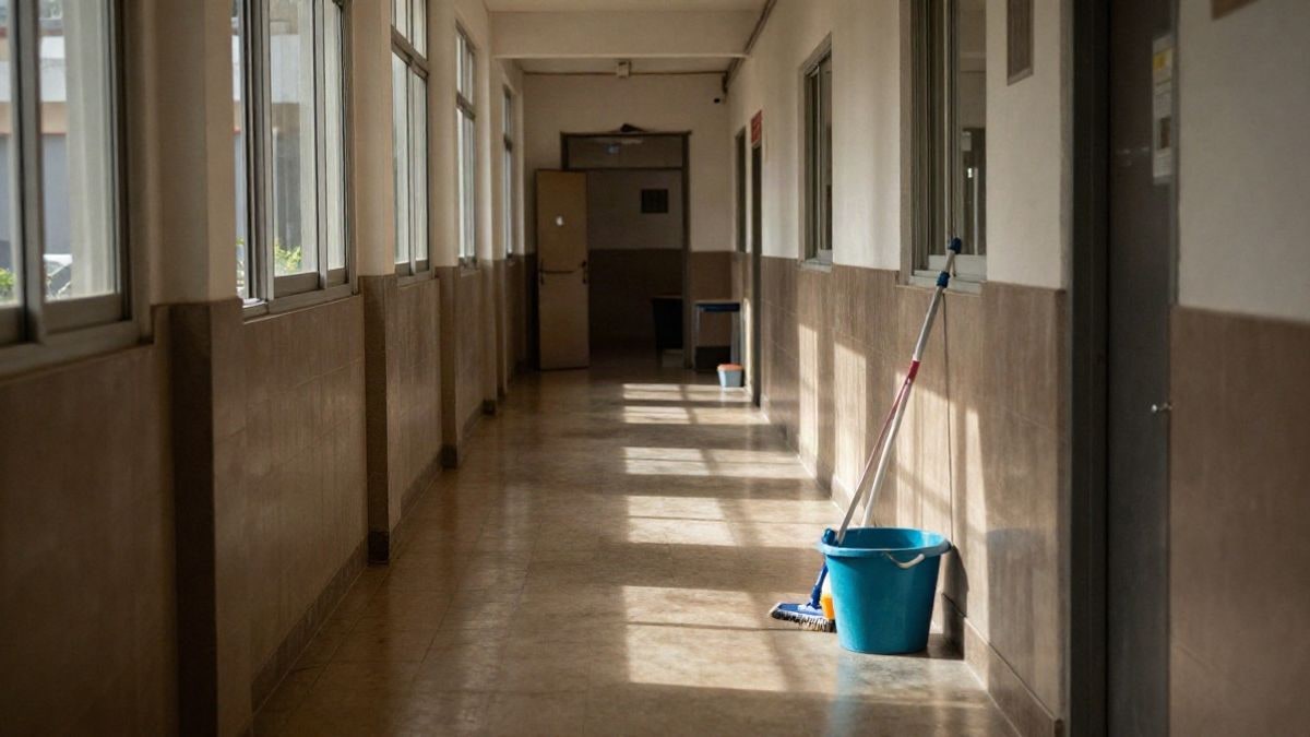 Imagen ilustrativa: pasillo de un colegio con las aulas vacías y material de limpieza en primer plano