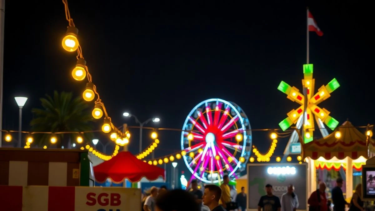 Imagen ilustrativa: caseta de feria con luces de colores y noria al fondo durante la noche.