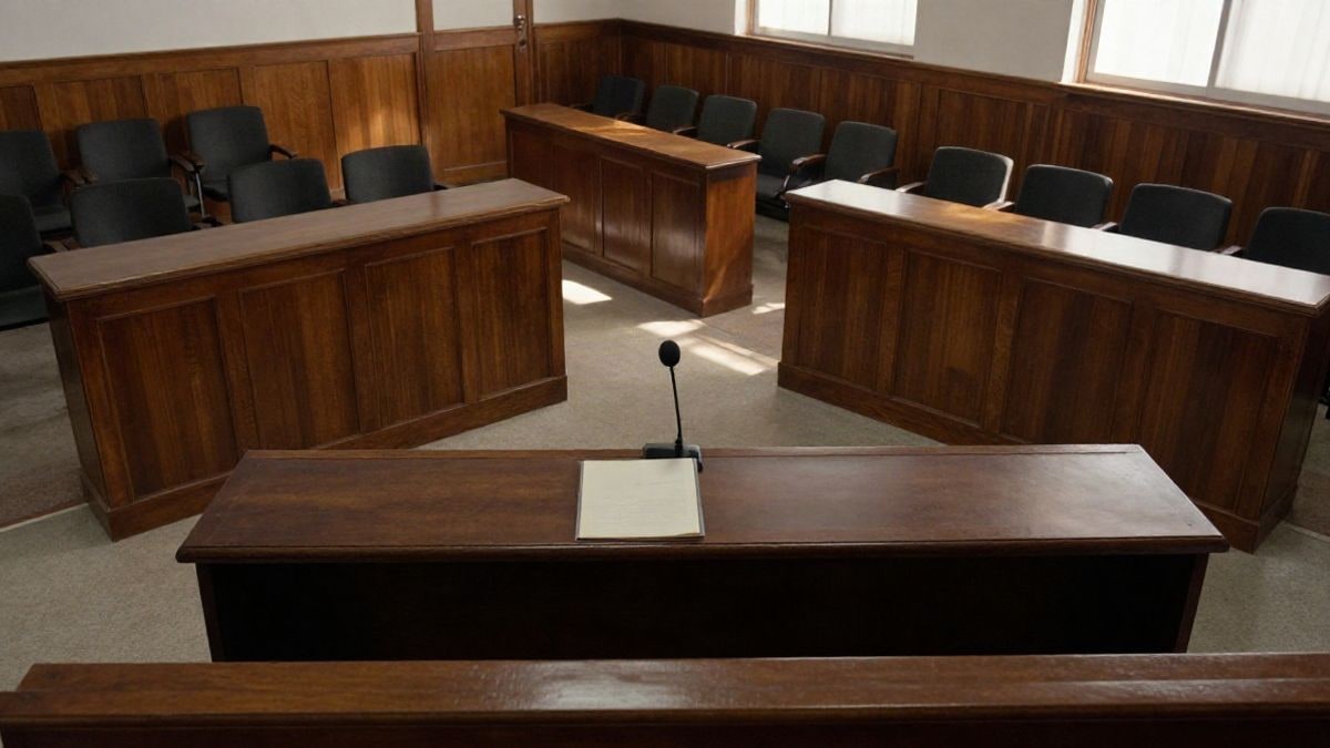 Imagen ilustrativa: vista cenital de un banco vacío en una sala de tribunal con un micrófono y una carpeta cerrada