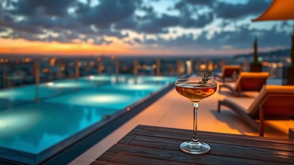 Imagen ilustrativa: terraza de hotel al atardecer con piscina y vistas a la ciudad, copa de cóctel en primer plano