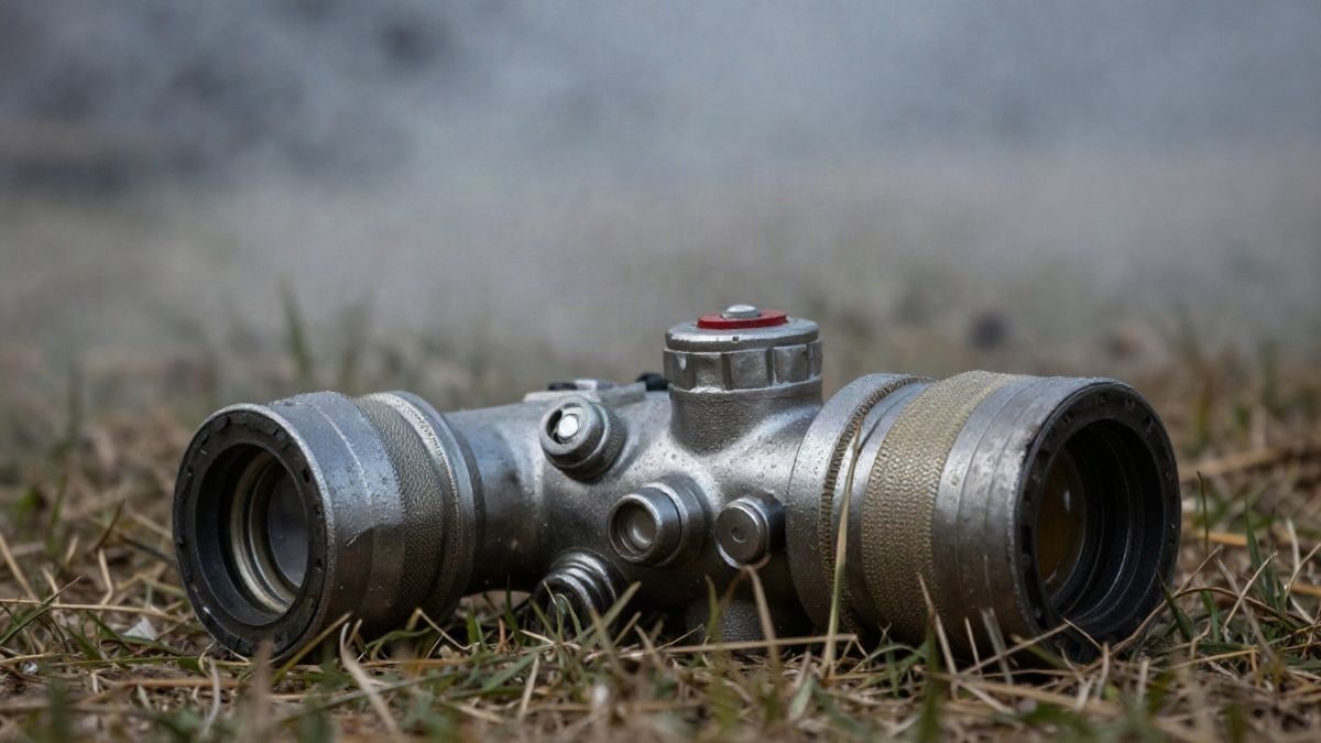 Illustrative image: detail of a fire hose nozzle on dry grass