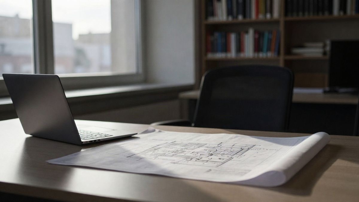 Illustrative image: interior of municipal office with plans and side light from window