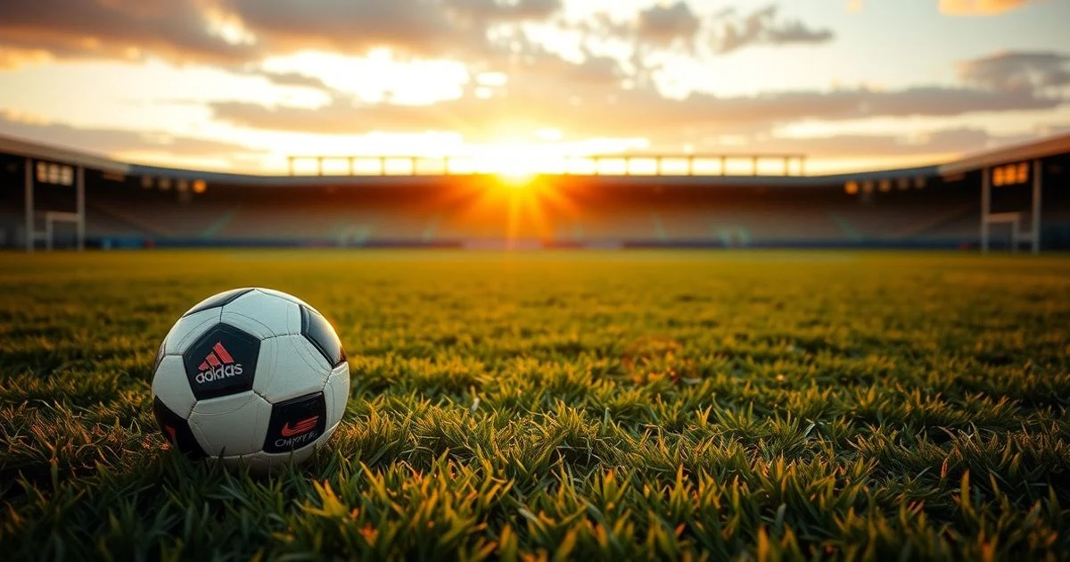 Balón de fútbol y botas sobre el césped de un estadio vacío al atardecer