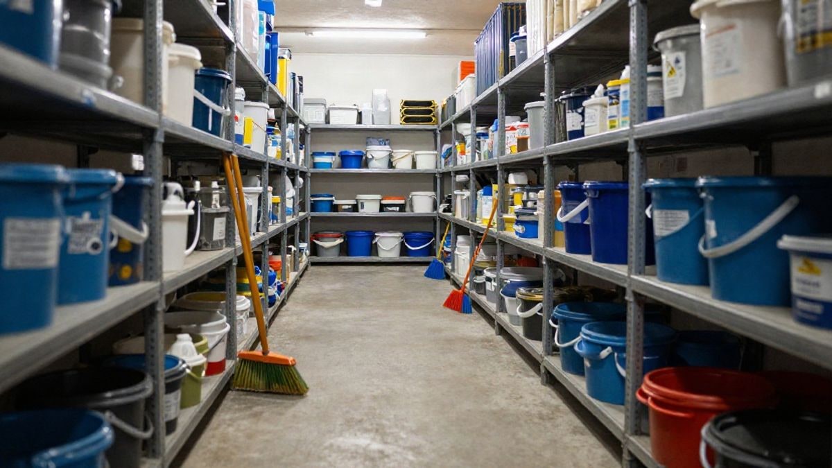 Imagen ilustrativa: interior de un almacén municipal con material de limpieza ordenado
