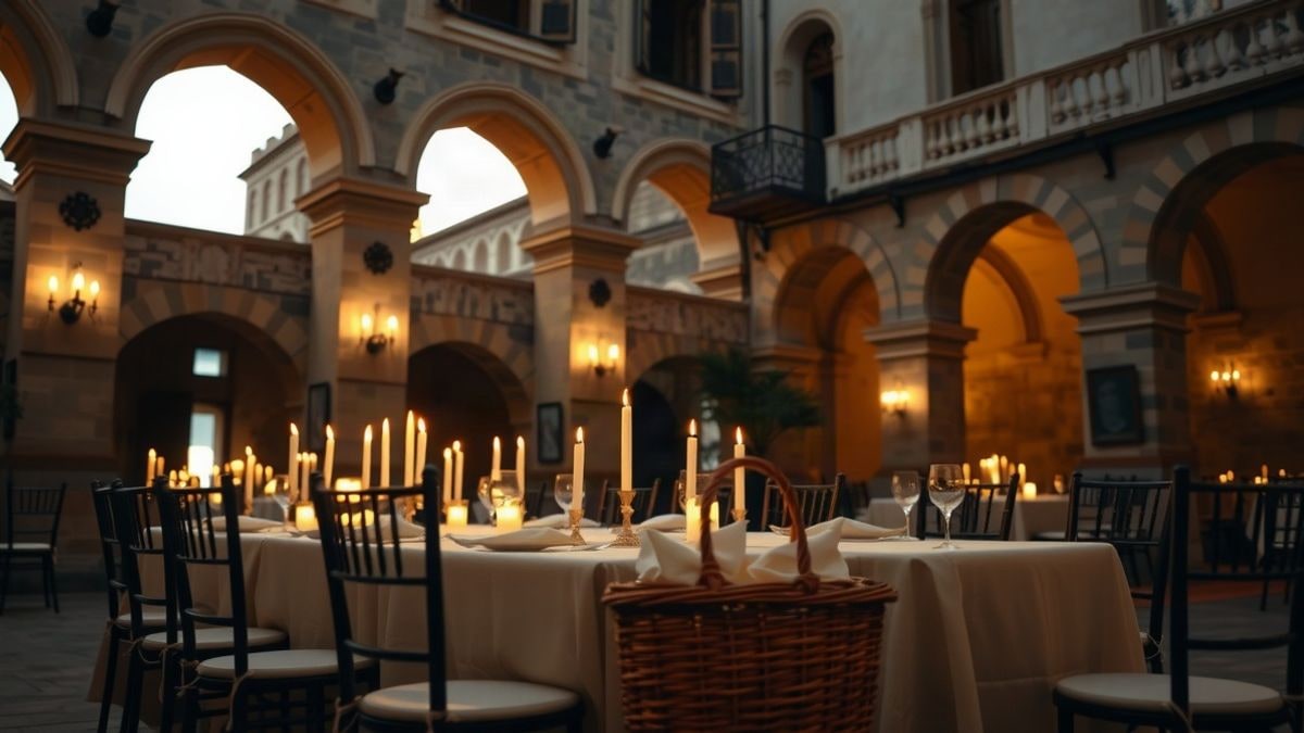 Imagen ilustrativa: mesa de cena benéfica con velas en un patio de convento, con sillas vacías y luz cálida.