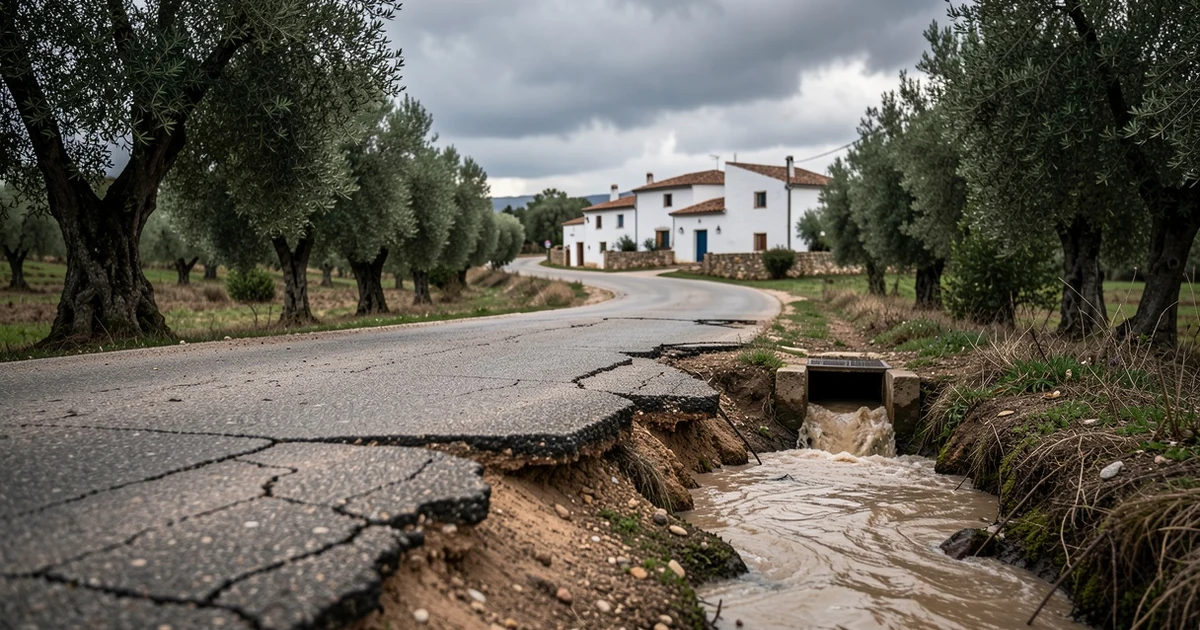Camino rural dañado por lluvias con grietas y erosión, con un pueblo blanco al fondo y olivos a los lados.