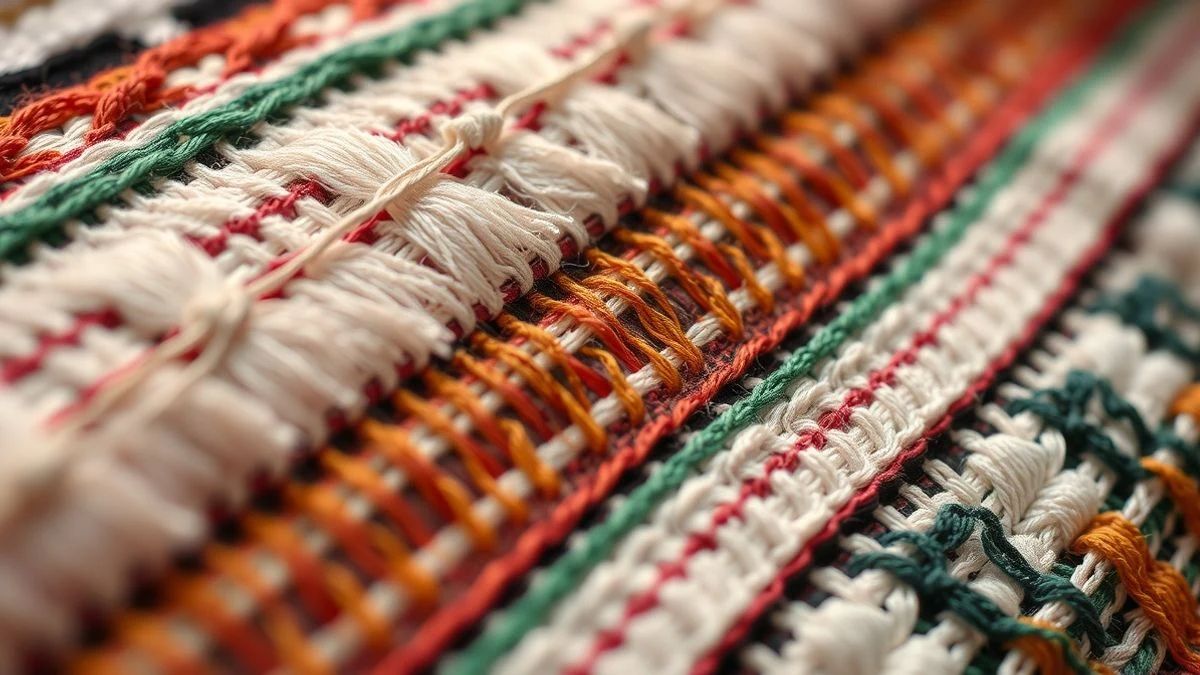 Detail of a traditional Oaxacan embroidery with colourful threads, blurred background