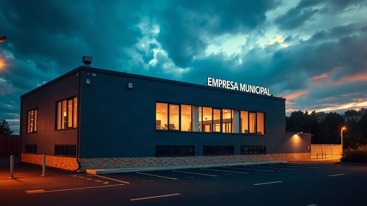 Illustrative image: modern municipal building lit at sunset, with lights on and an empty parking lot in the foreground.