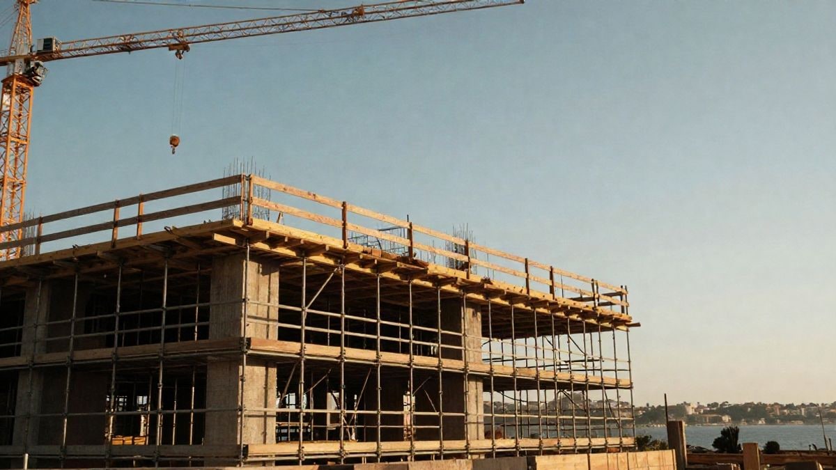 Illustrative image: low angle of a crane and scaffolding at a construction site by the coast