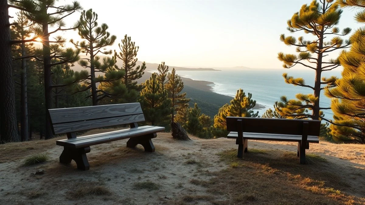 Banco gigante de madera en la Cañada del Lobo con vistas a la bahía de Málaga al atardecer