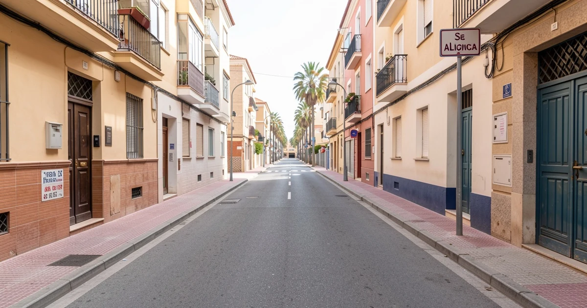 Calle residencial vacía en Málaga con cartel de se alquila