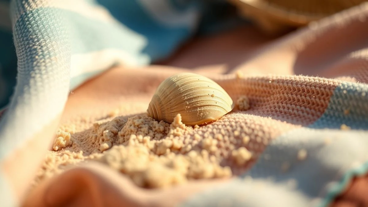 Illustrative image: a sandy-textured beach towel with a shell on it, bathed in soft morning light.