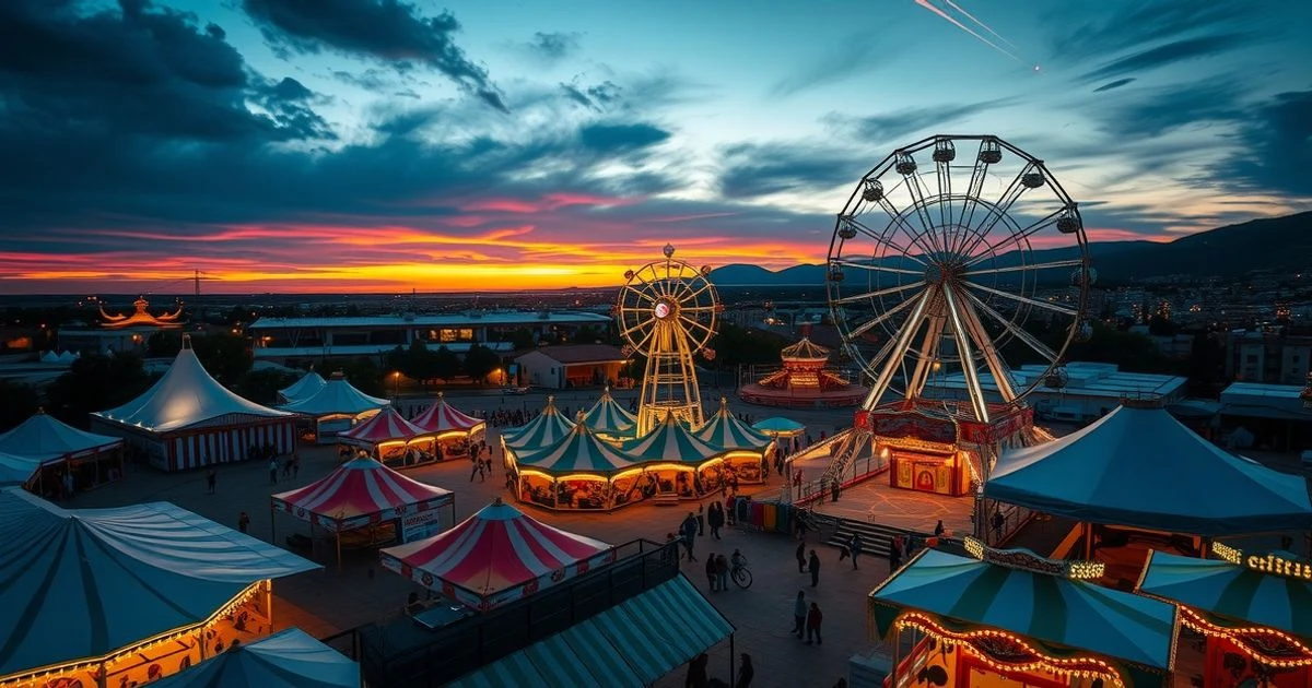 Vista aérea del recinto ferial de Estepona al atardecer, con casetas y noria iluminadas