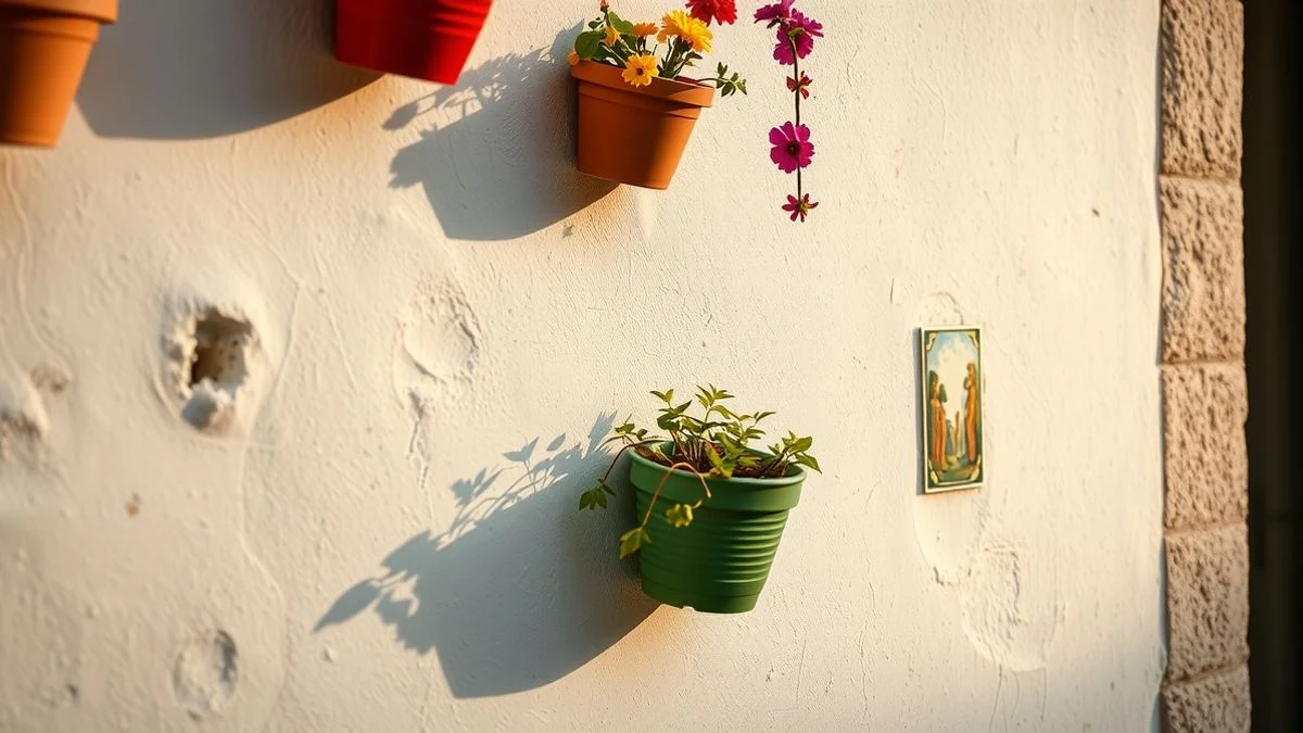 Imagen ilustrativa: macetas de colores en una fachada blanca de Estepona, con luz de tarde.