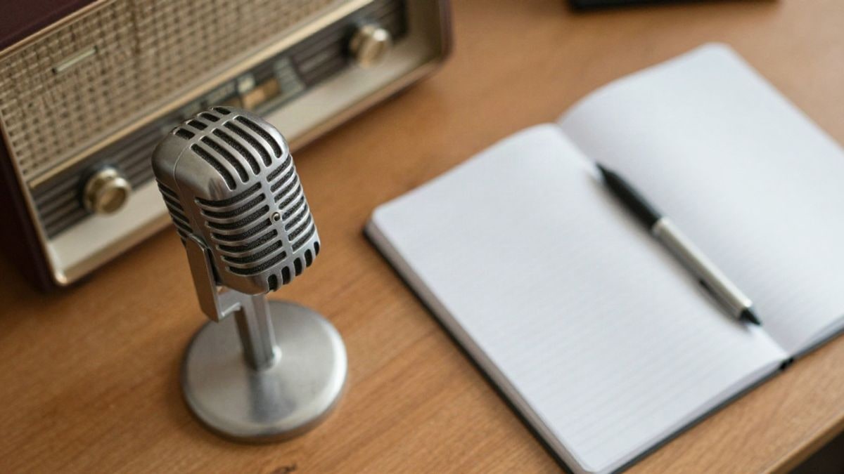 Imagen ilustrativa: micrófono de radio sobre una mesa de madera junto a un cuaderno y un bolígrafo