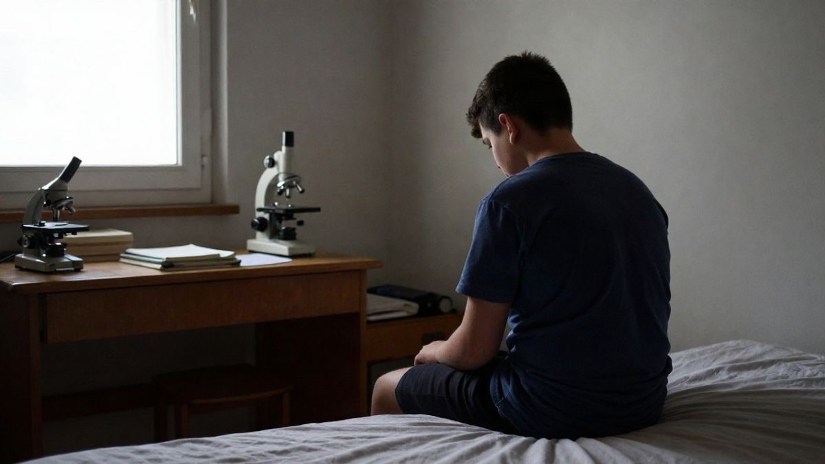 Imagen ilustrativa: un adolescente sentado al borde de una cama en una habitación modesta, visto de espaldas, con luz de ventana y una mesa con libros.