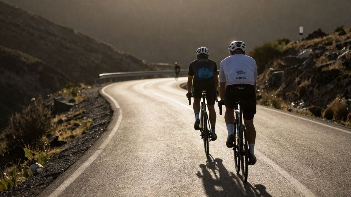 Imagen ilustrativa: carretera de montaña con ciclistas de fondo a contraluz al atardecer, con sombras largas.
