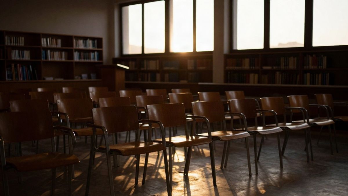 Imagen ilustrativa: aula de seminario con sillas vacías y atril a contraluz al atardecer