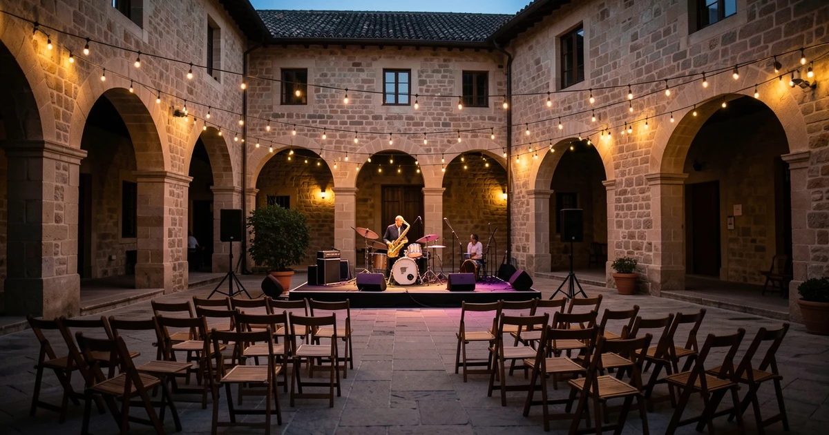 Courtyard of the Museum of the City of Antequera set up for a jazz concert at sunset, with lights and an empty stage.