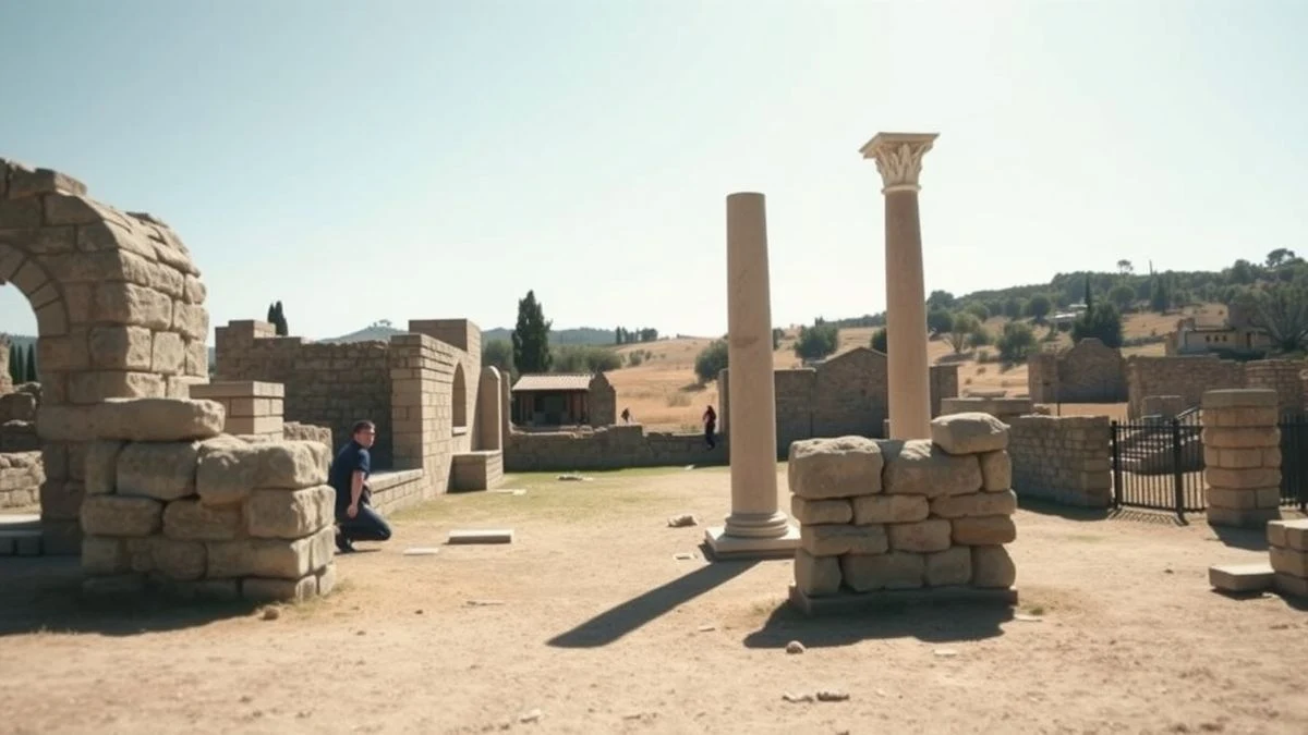 Illustrative image: children at an outdoor workshop at an archaeological site with Roman ruins in the background