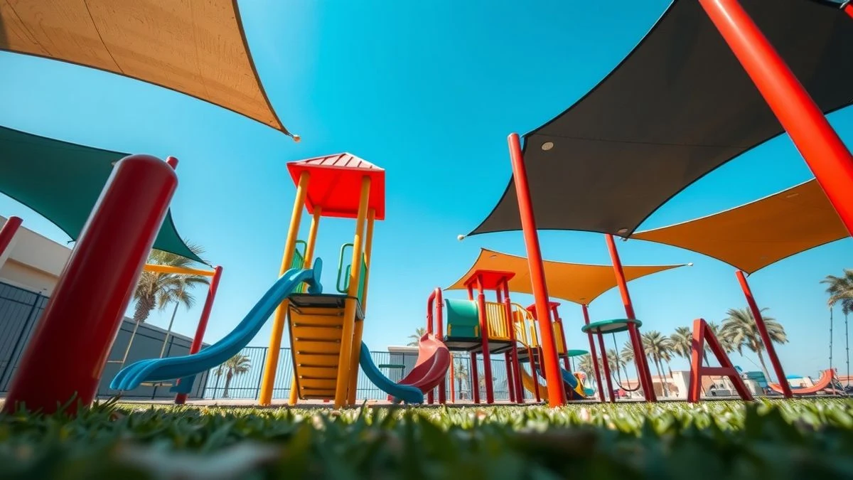 Parque infantil moderno con columpios y tobogán, con zonas de sombra y cielo azul de fondo.