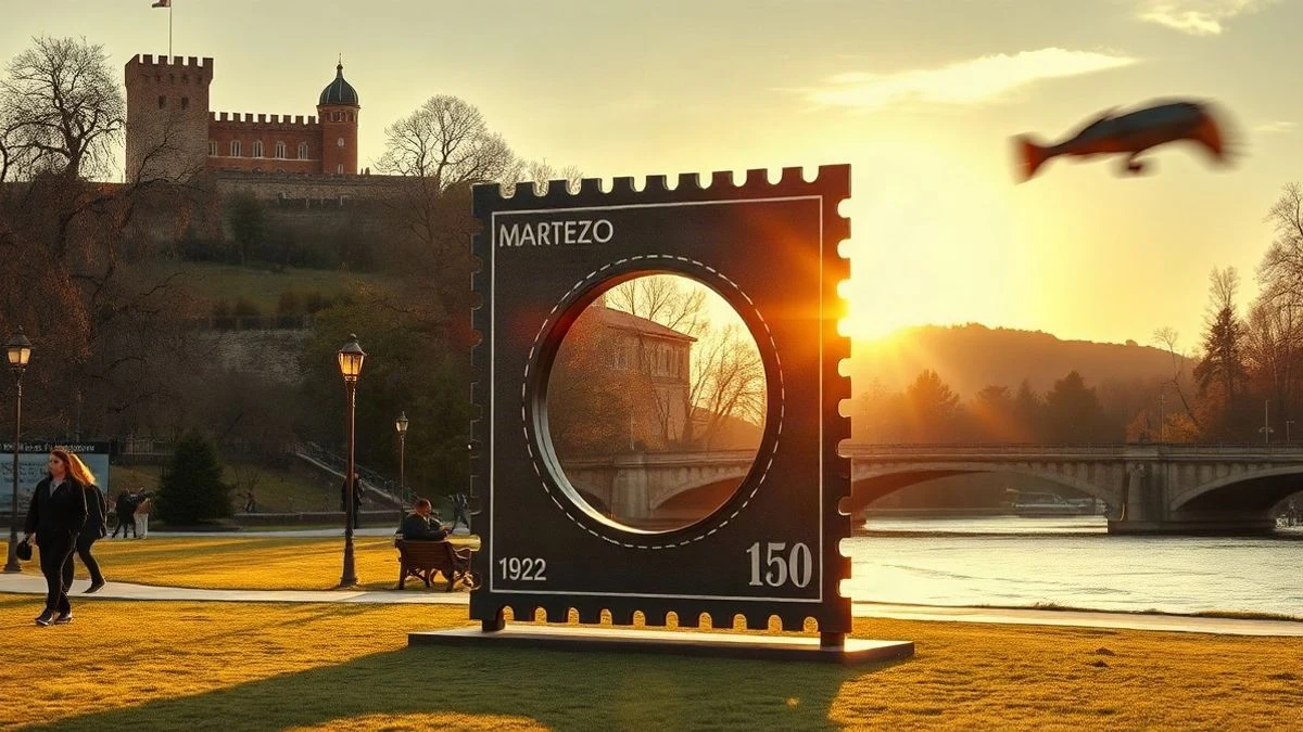 Imagen ilustrativa: una estructura metálica en forma de sello postal gigante en un parque, con un castillo al fondo y personas de espaldas fotografiándose.
