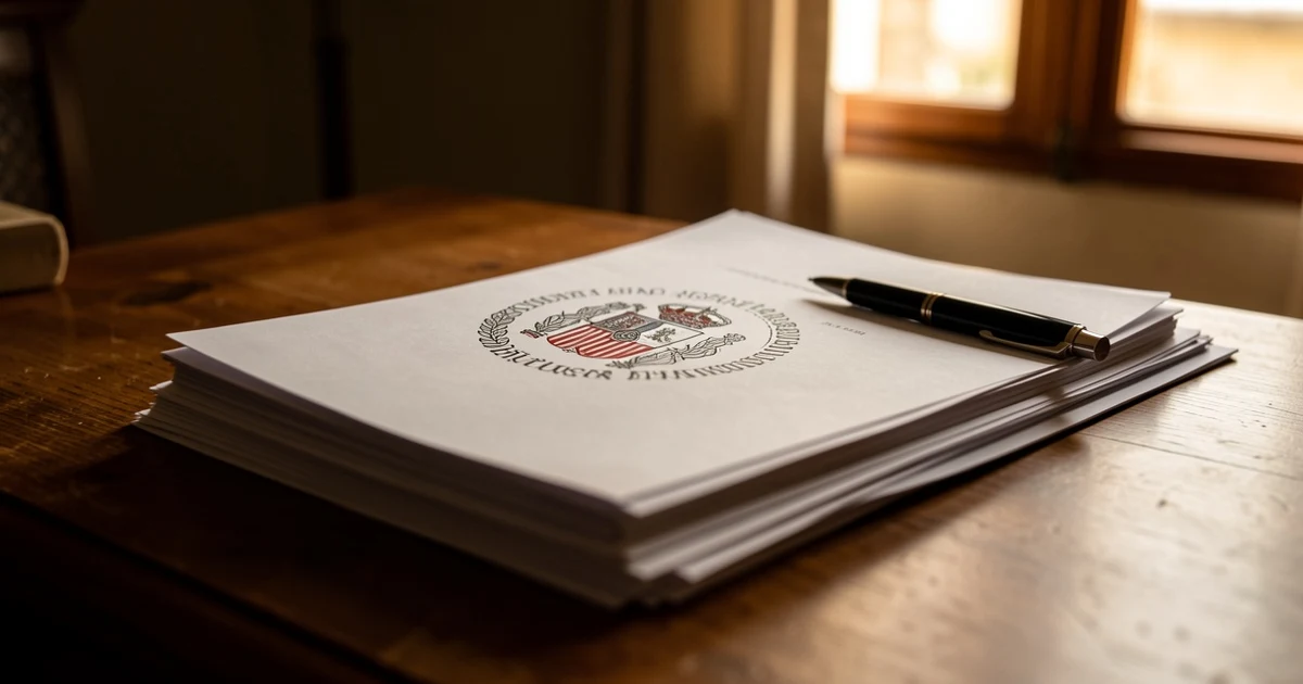 Official documents with municipal stamp on a wooden table