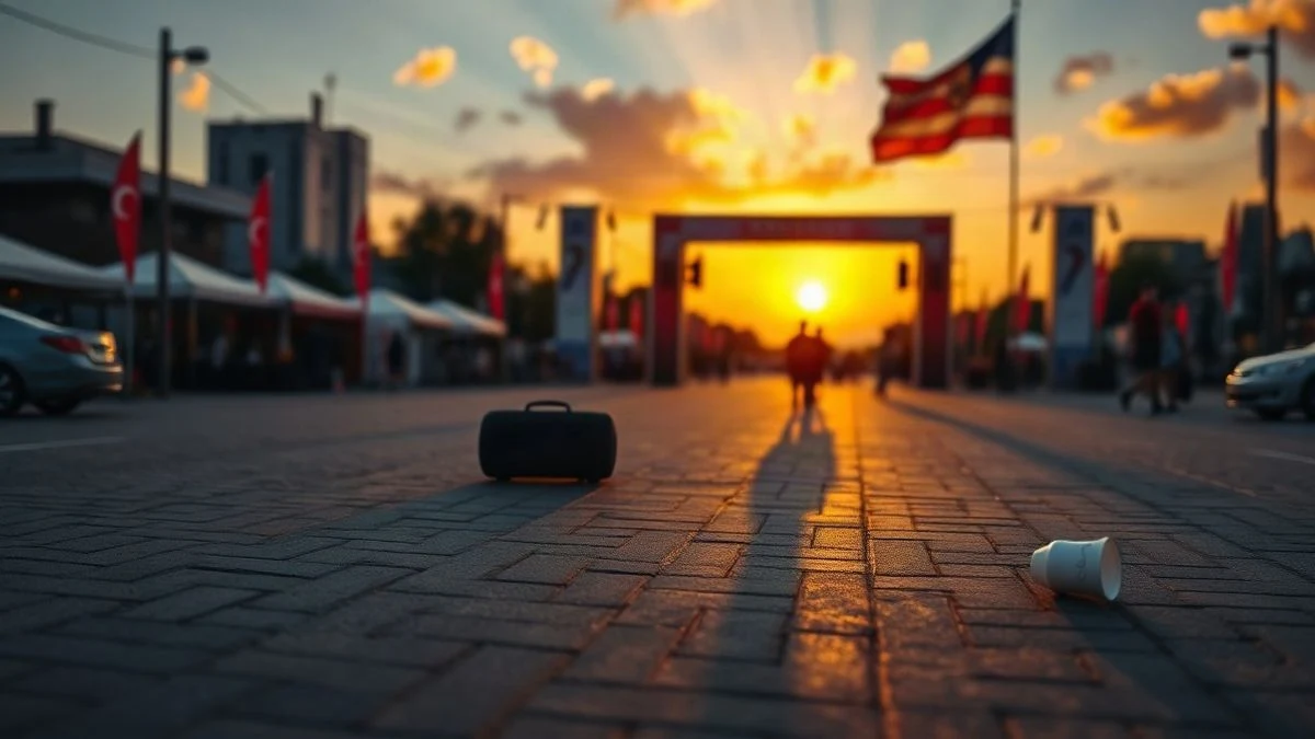 Illustrative image: area with party lights at sunset and silhouettes of young people in the background