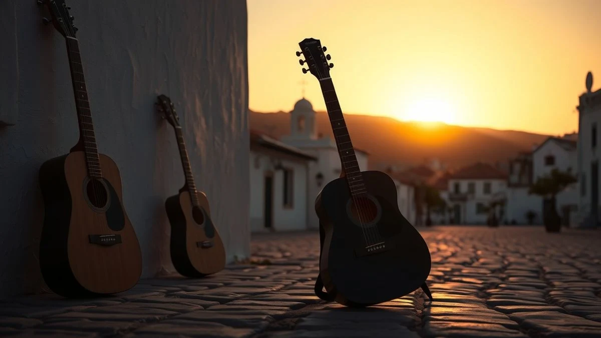 Guitarra apoyada en una pared encalada al atardecer en un pueblo blanco de la Serranía de Ronda, con sombras largas y montañas al fondo.