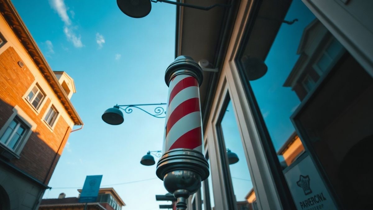 Imagen ilustrativa: ángulo bajo de un poste de barbero y la fachada de una barbería moderna con cielo de fondo.