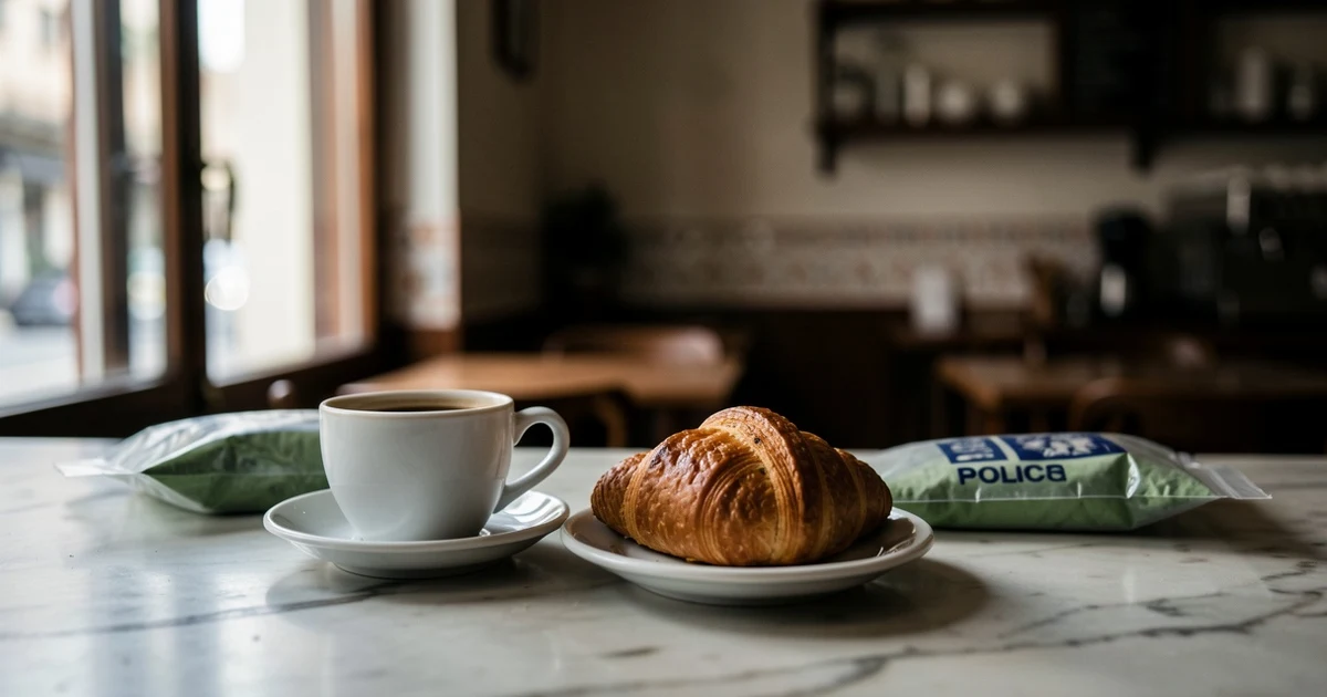 Interior of an empty café with a coffee cup and a cake on the counter, and a police evidence bag with drugs