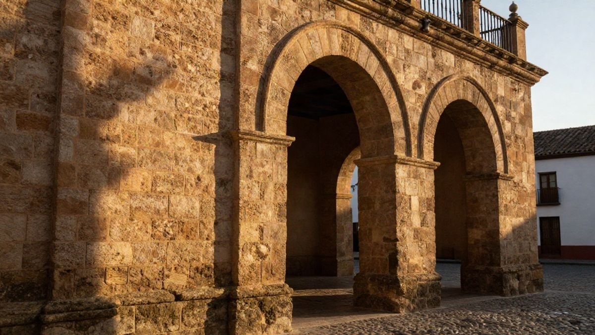 Illustrative image: stone arch in a historic street at sunset, with warm light and elongated shadows