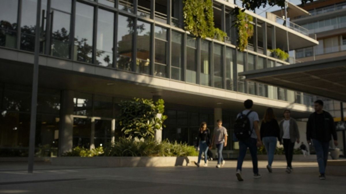Imagen ilustrativa: fachada de un campus universitario moderno con cristaleras y zonas verdes al atardecer.